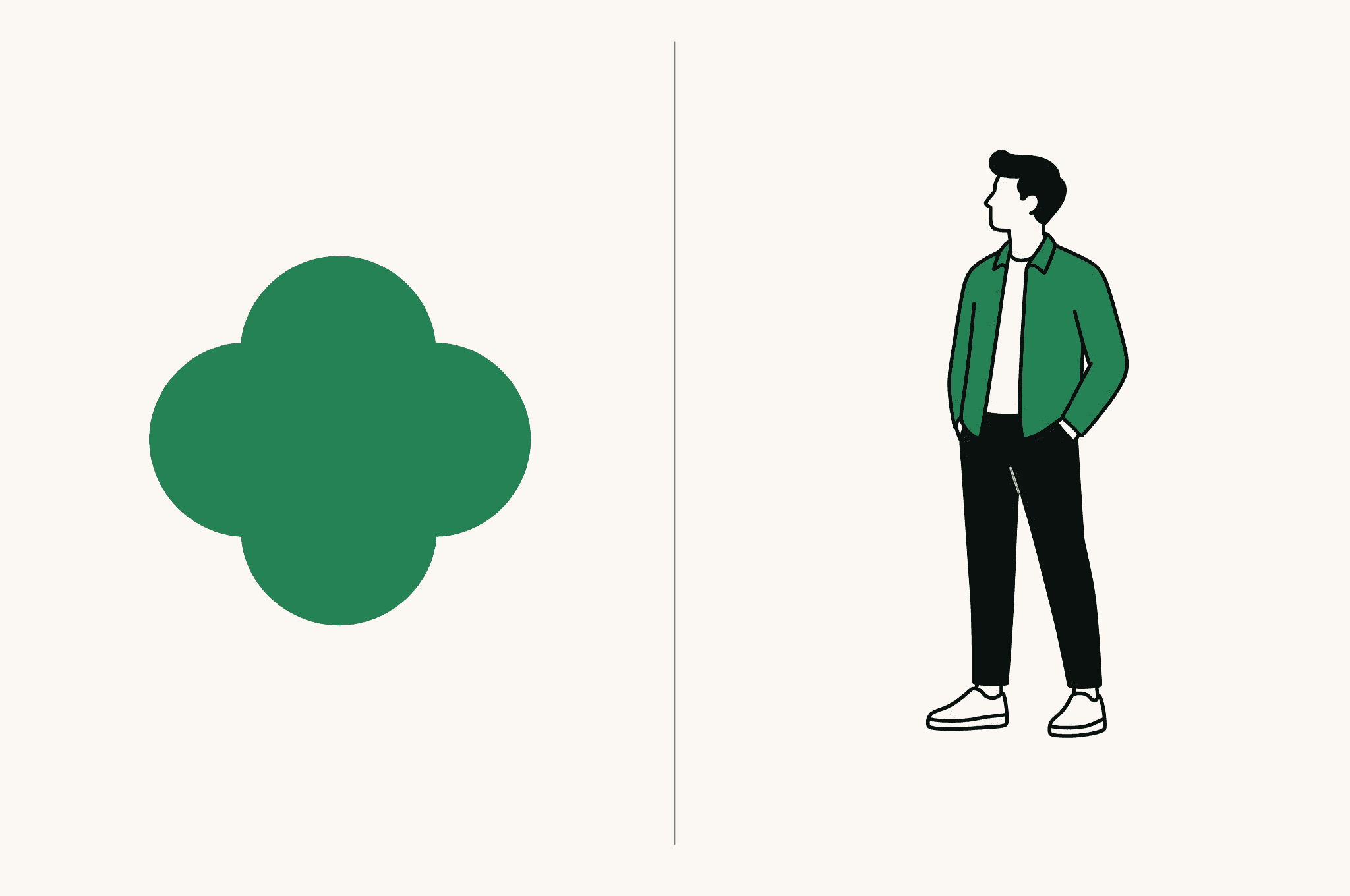 A flat illustration of a balance scale with the Revnu clover on one side and a growth marketer's desk on the other.
