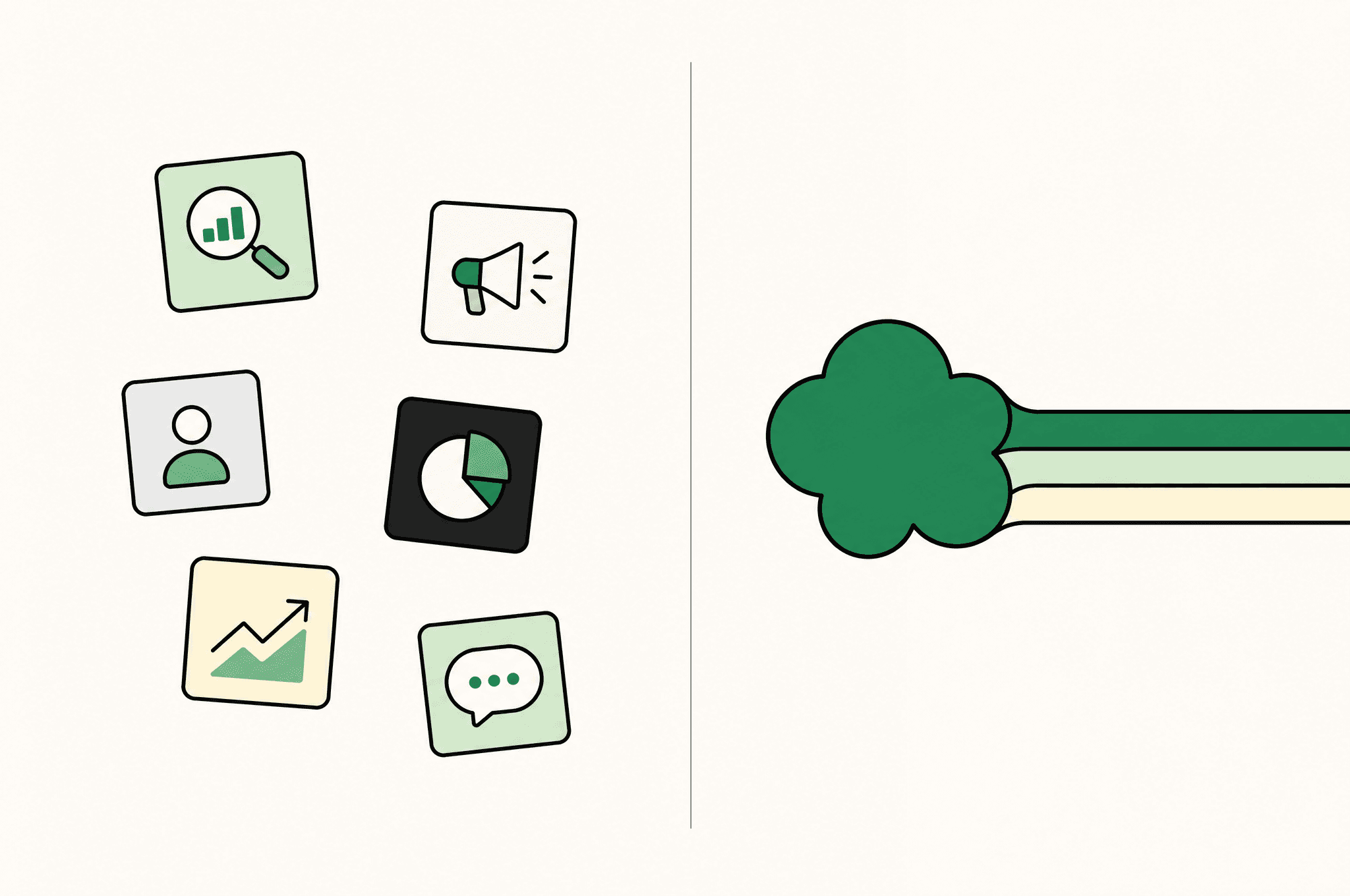 A flat illustration of a split composition: a scattered cluster of small disconnected app cards on one side, and a single abstract Revnu clover joining three lanes on the other.