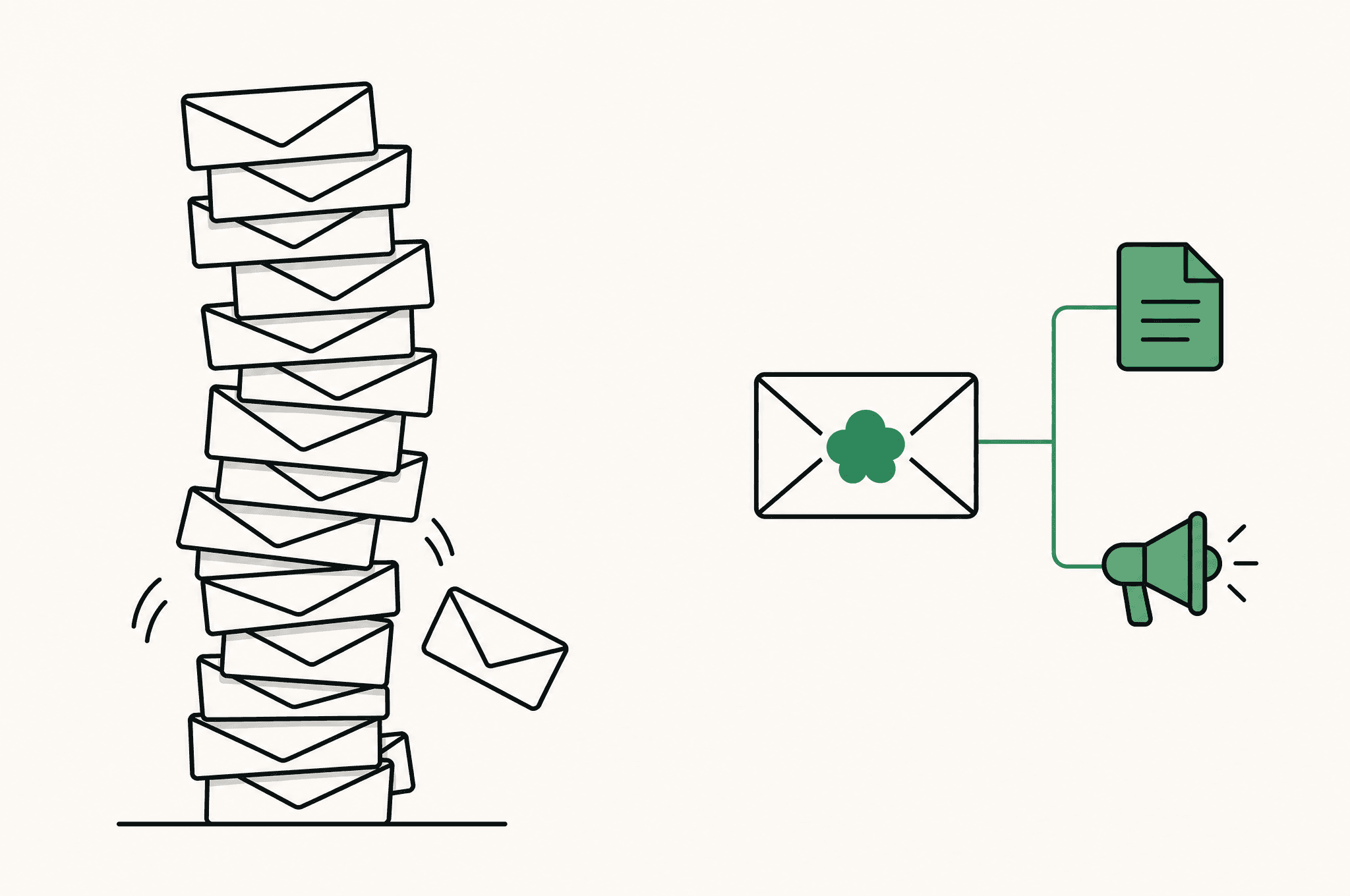 A flat illustration contrasting a pile of identical cold emails with one Revnu clover connecting outbound to every other channel.
