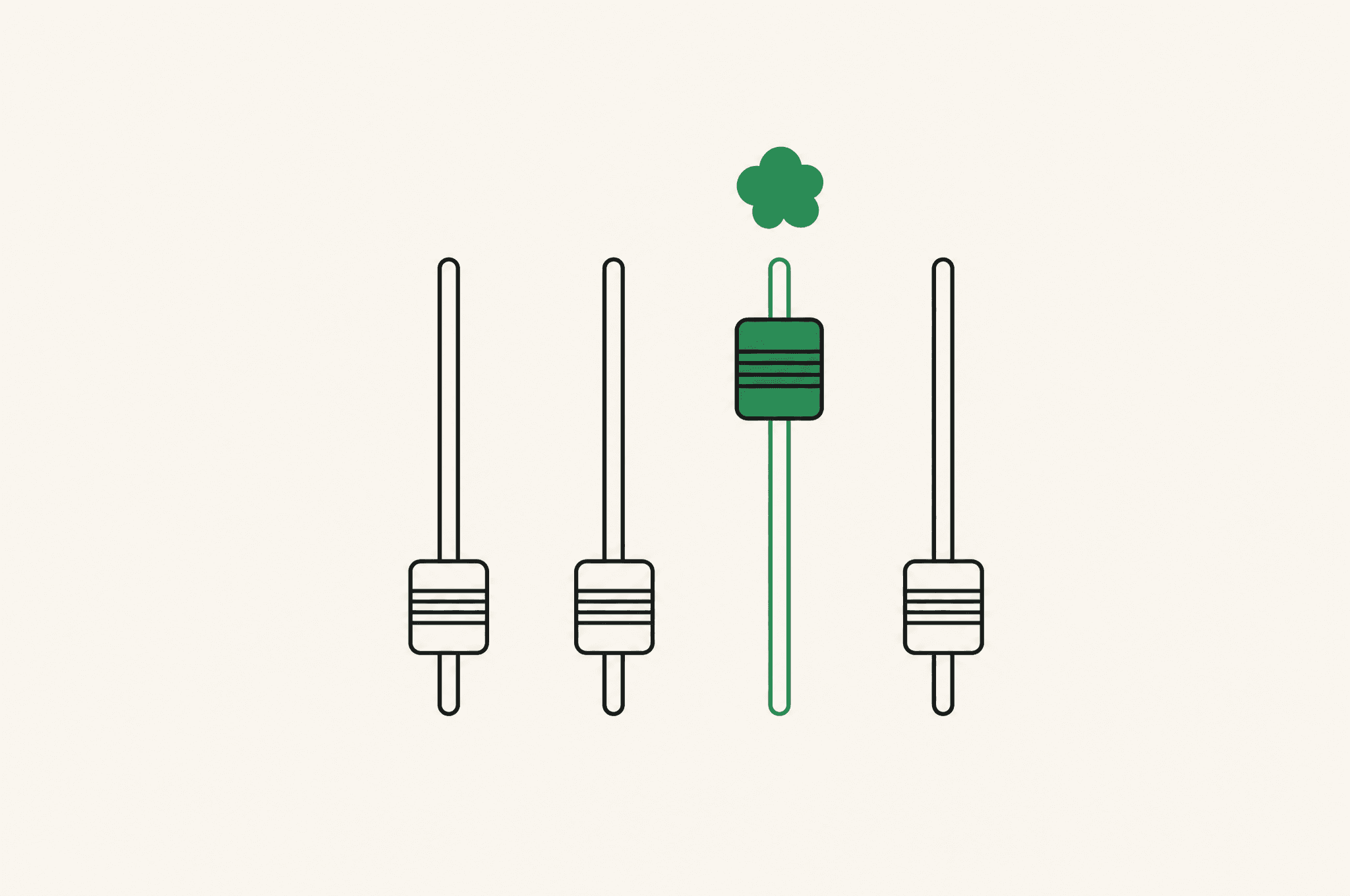 A flat illustration of channel faders on a mixing desk at different heights, the winning fader pushed up and marked with the Revnu clover.