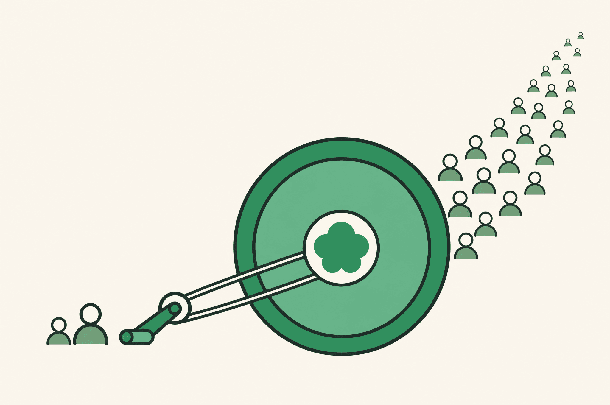 A flat illustration of a small hand crank and two figures on the left driving a large flywheel hubbed with the Revnu clover, which throws off a widening stream of person figures to the upper right.