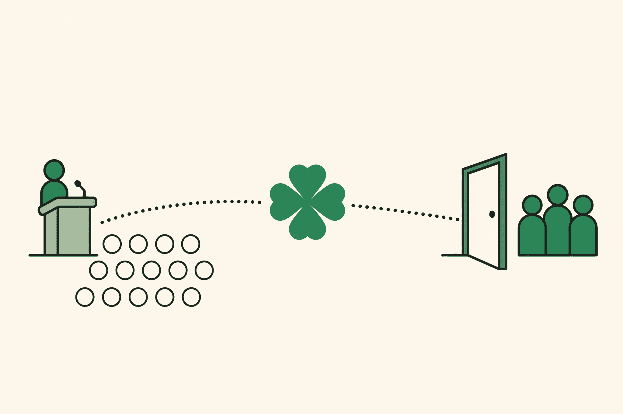 A flat illustration of a lone figure at a small podium facing rows of empty seat dots, with a path marked by the Revnu clover leading out a side door toward a cluster of people outside the hall.