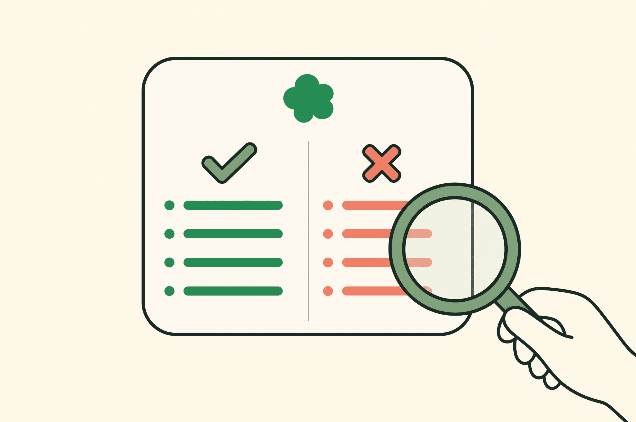 A flat illustration of a review card stamped with the Revnu clover mark, split into a check column and a cross column, inspected by a magnifying glass held by a hand entering from the frame's edge.