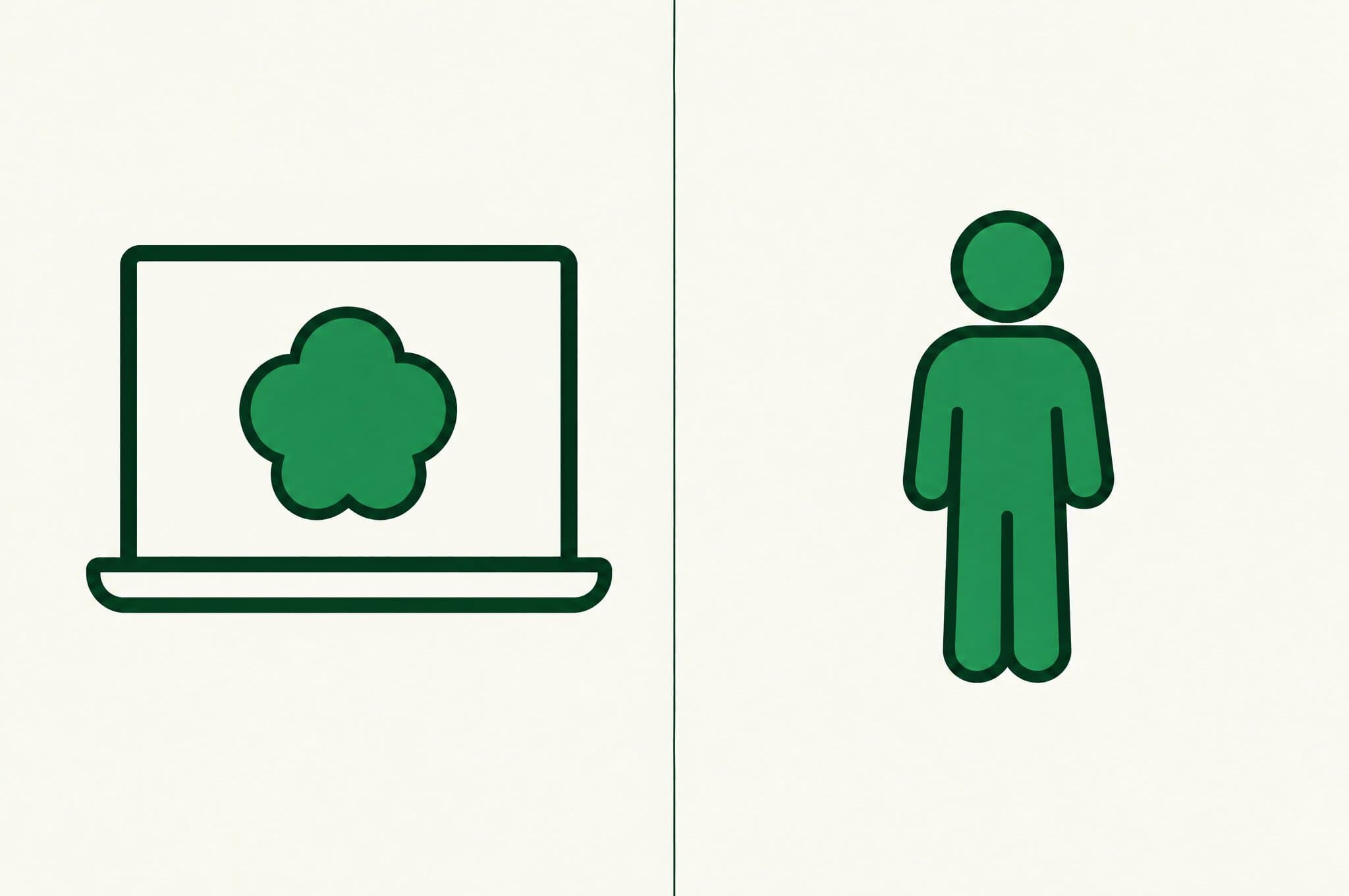 A flat illustration of a laptop running the Revnu clover side by side with a single person, as two options for the same job.