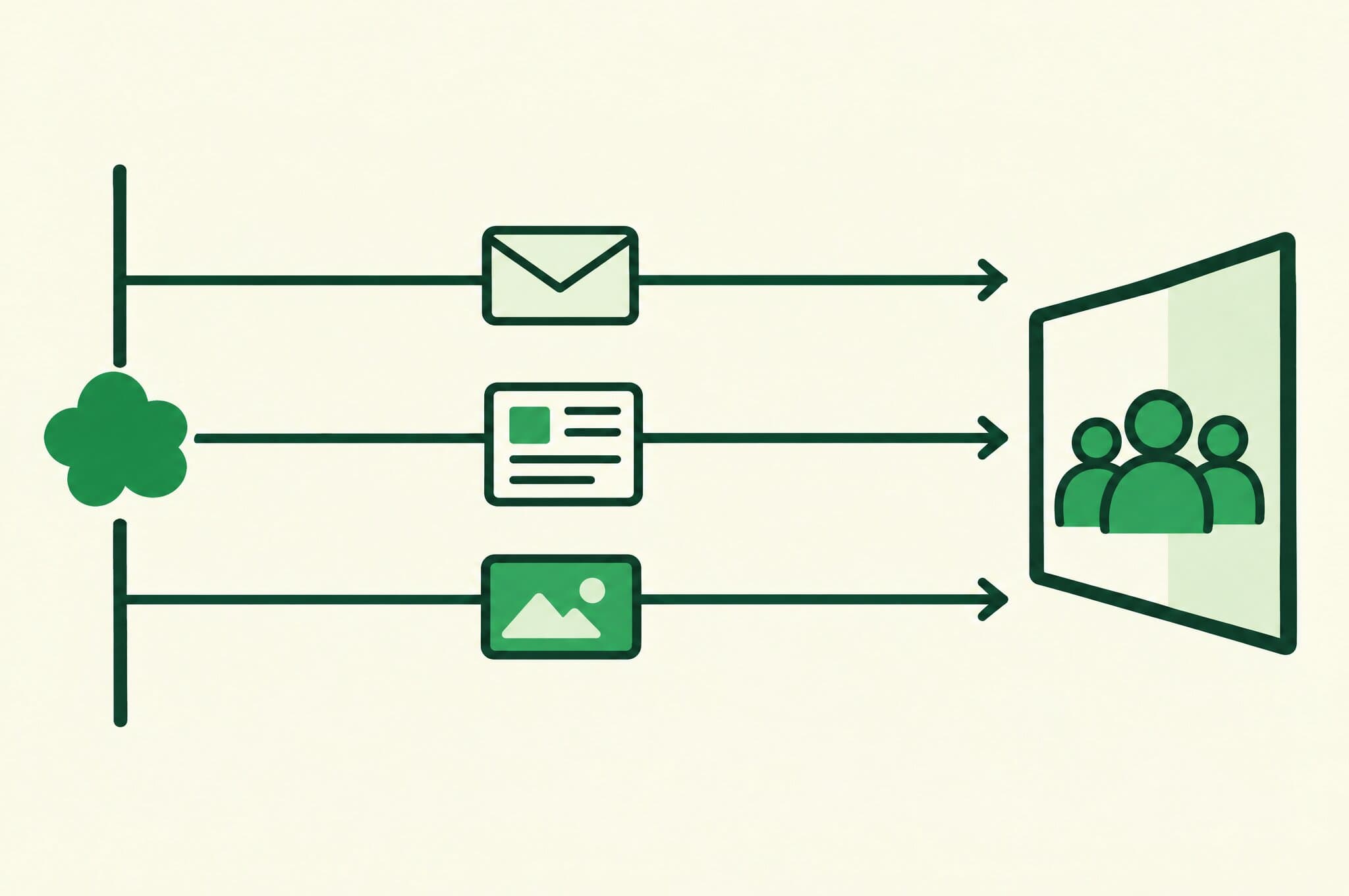 A flat illustration of three channels, email, content and ads, running on parallel tracks from the Revnu clover to the same group of customers.