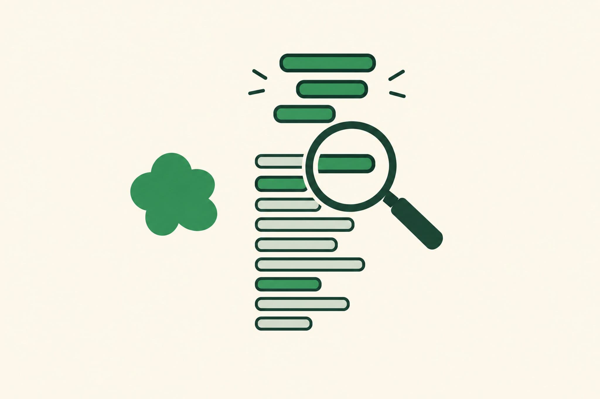 A flat illustration of a magnifying glass scanning a long keyword list and lifting the best few to the top.