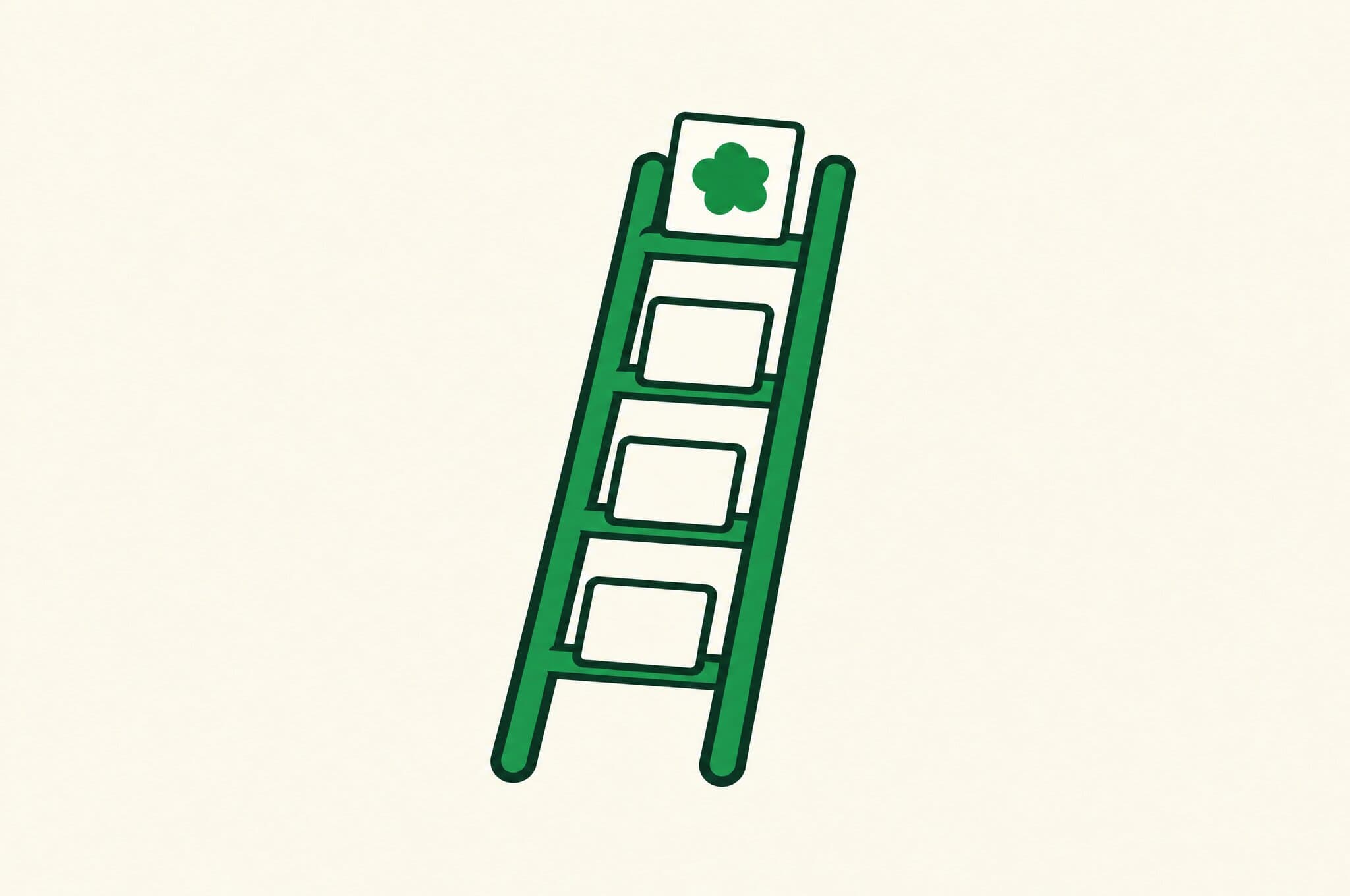 A flat illustration of a ladder of tool cards with the card marked by the Revnu clover on the top rung.