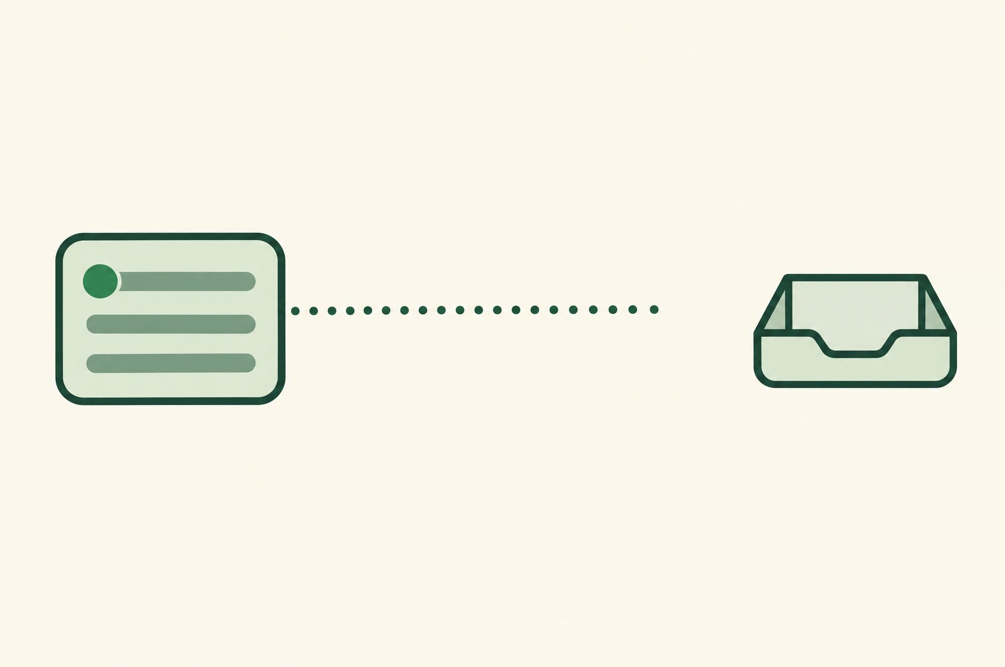 A flat illustration of a brand highlighted in an AI answer, with a dotted path toward an inbox that stops before any customers arrive.