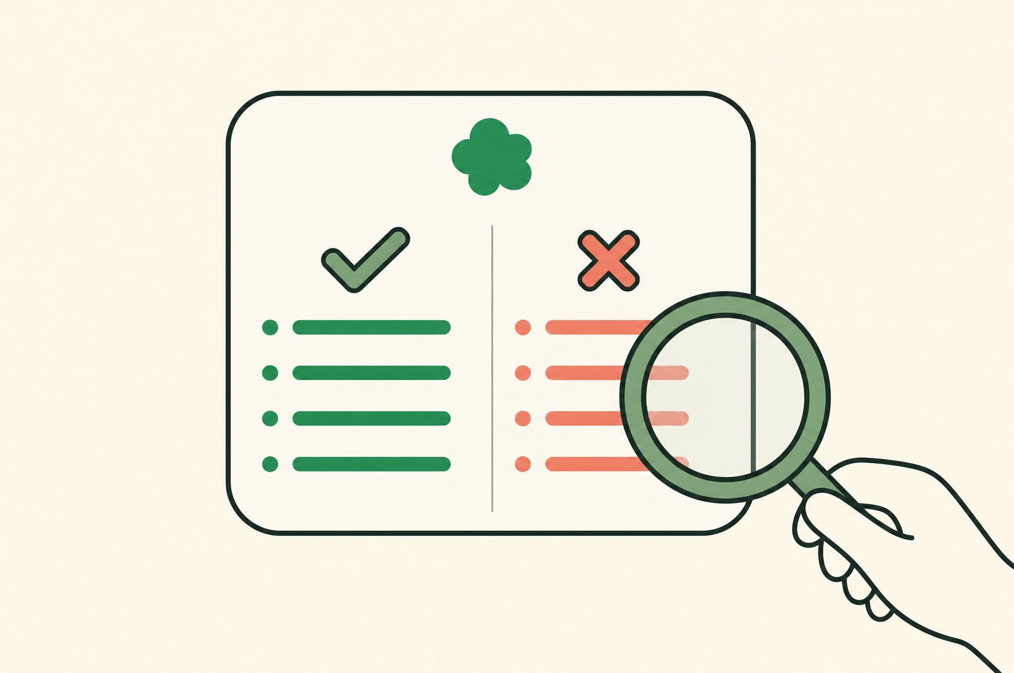 A flat illustration of a review card stamped with the Revnu clover mark, split into a check column and a cross column, inspected by a magnifying glass held by a hand entering from the frame's edge.