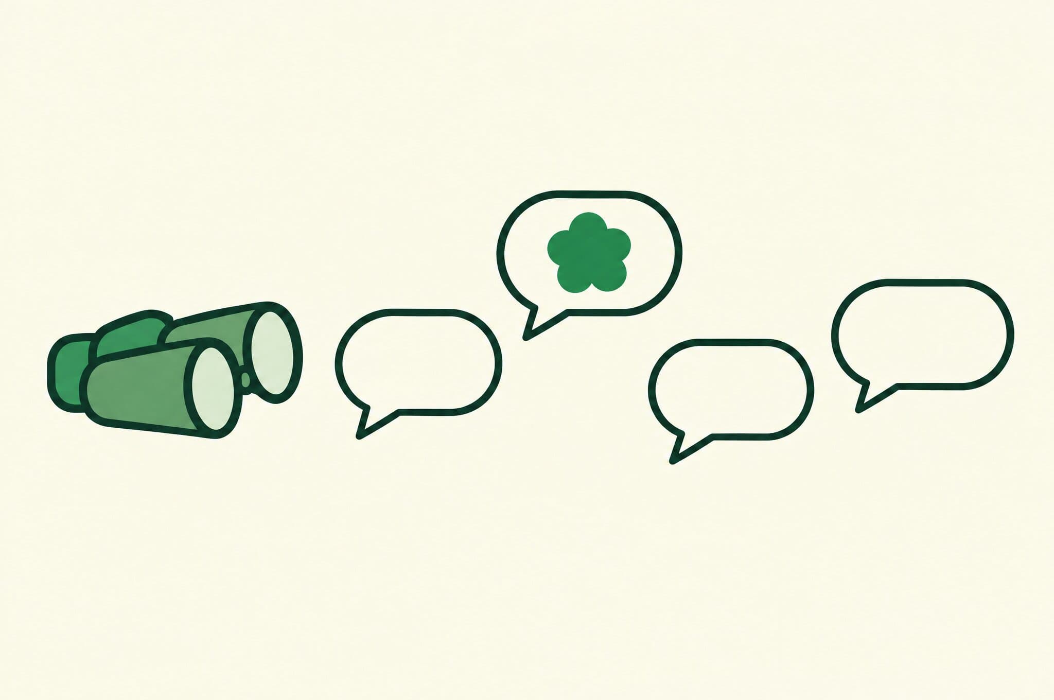A flat illustration of binoculars scanning a row of AI chat answers, with the Revnu clover in the highest one.