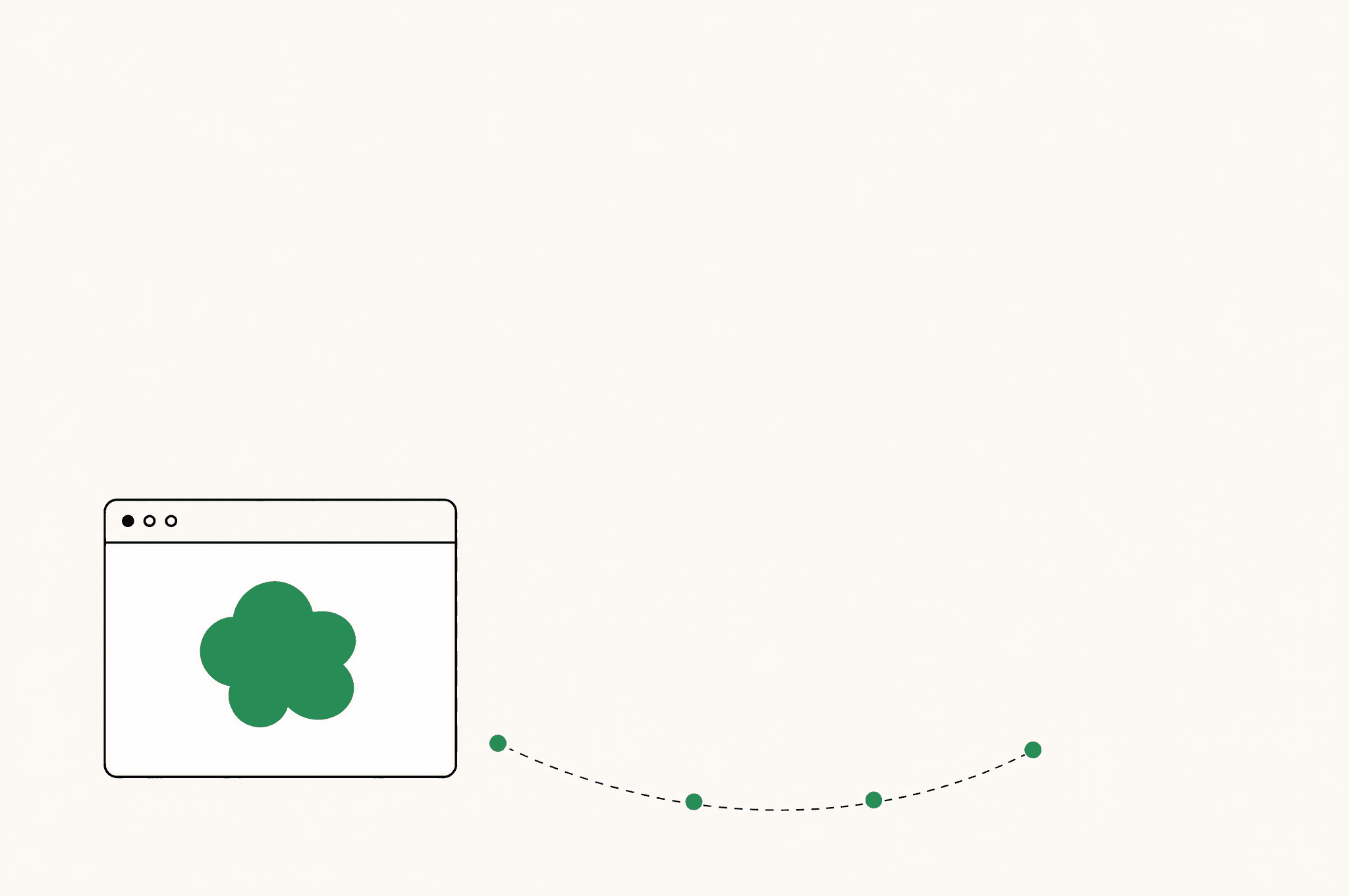 A flat illustration of the Revnu clover as a small green sprout growing the first few visitor paths toward a new startup site.