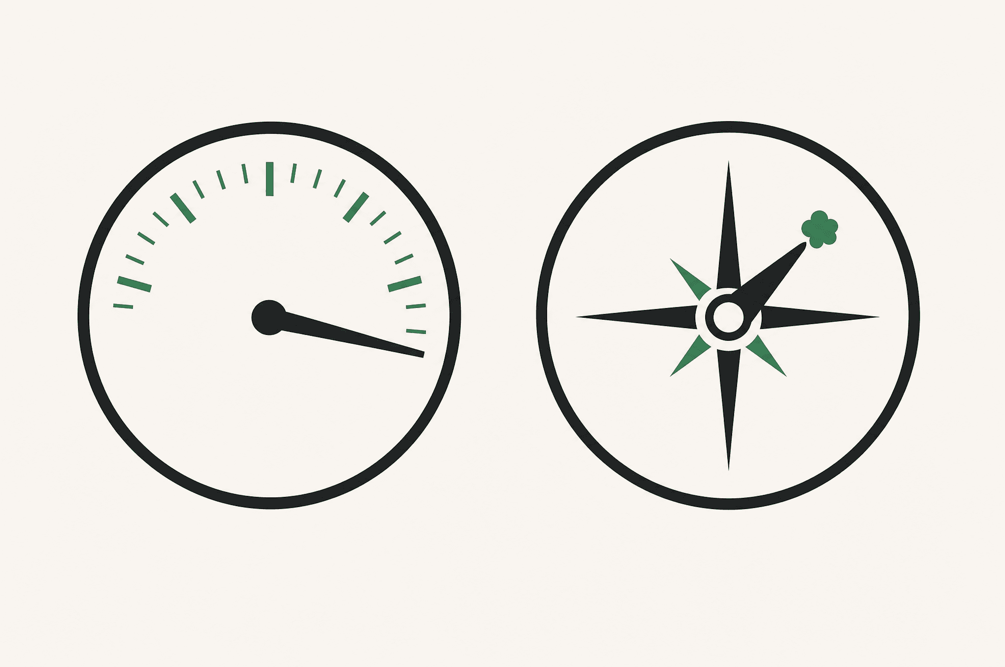 A flat illustration of two instrument dials: a speedometer pinned at maximum beside a compass whose needle is the Revnu clover mark, speed versus direction.