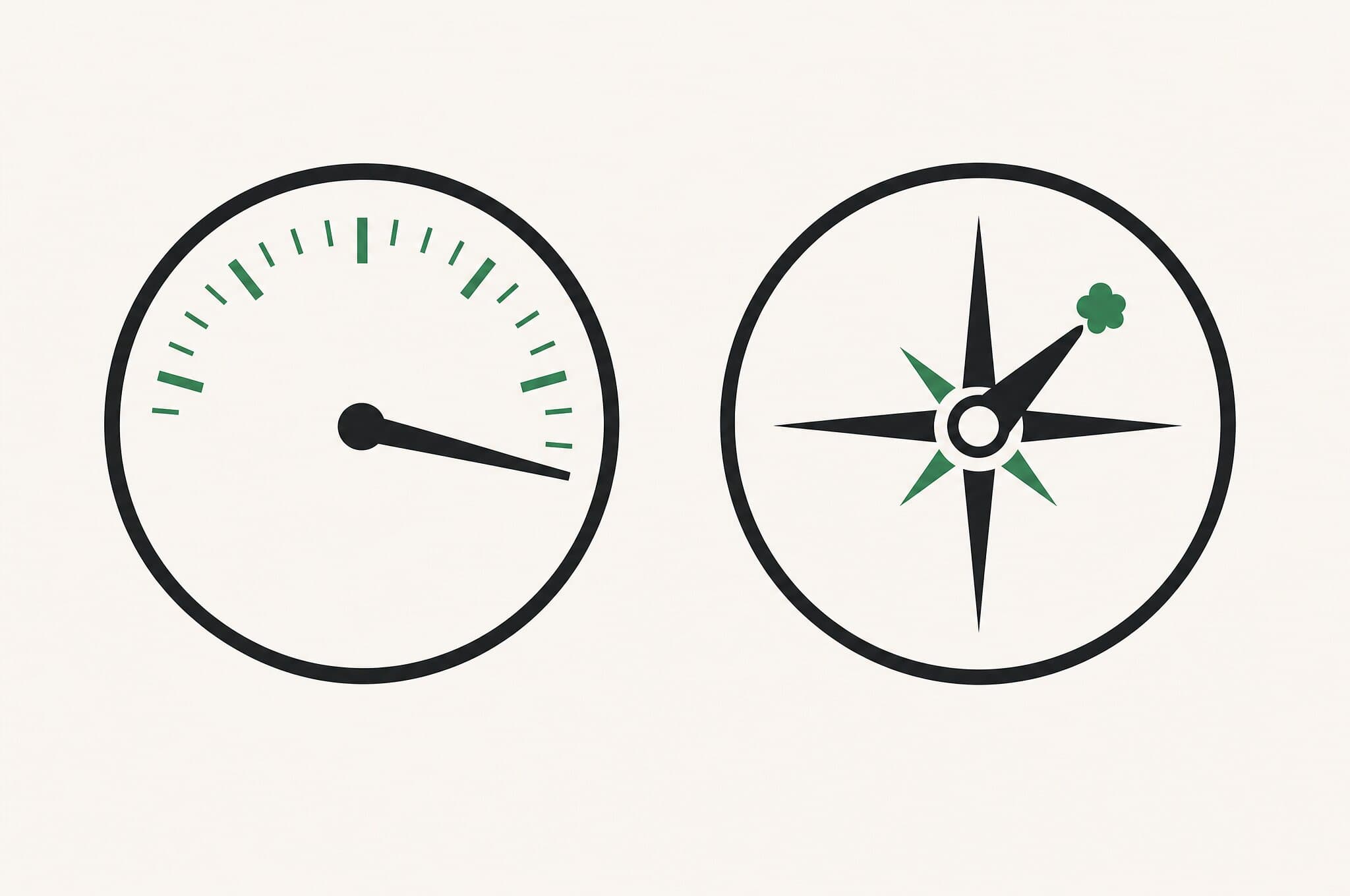 A flat illustration of two instrument dials: a speedometer pinned at maximum beside a compass whose needle is the Revnu clover mark, speed versus direction.