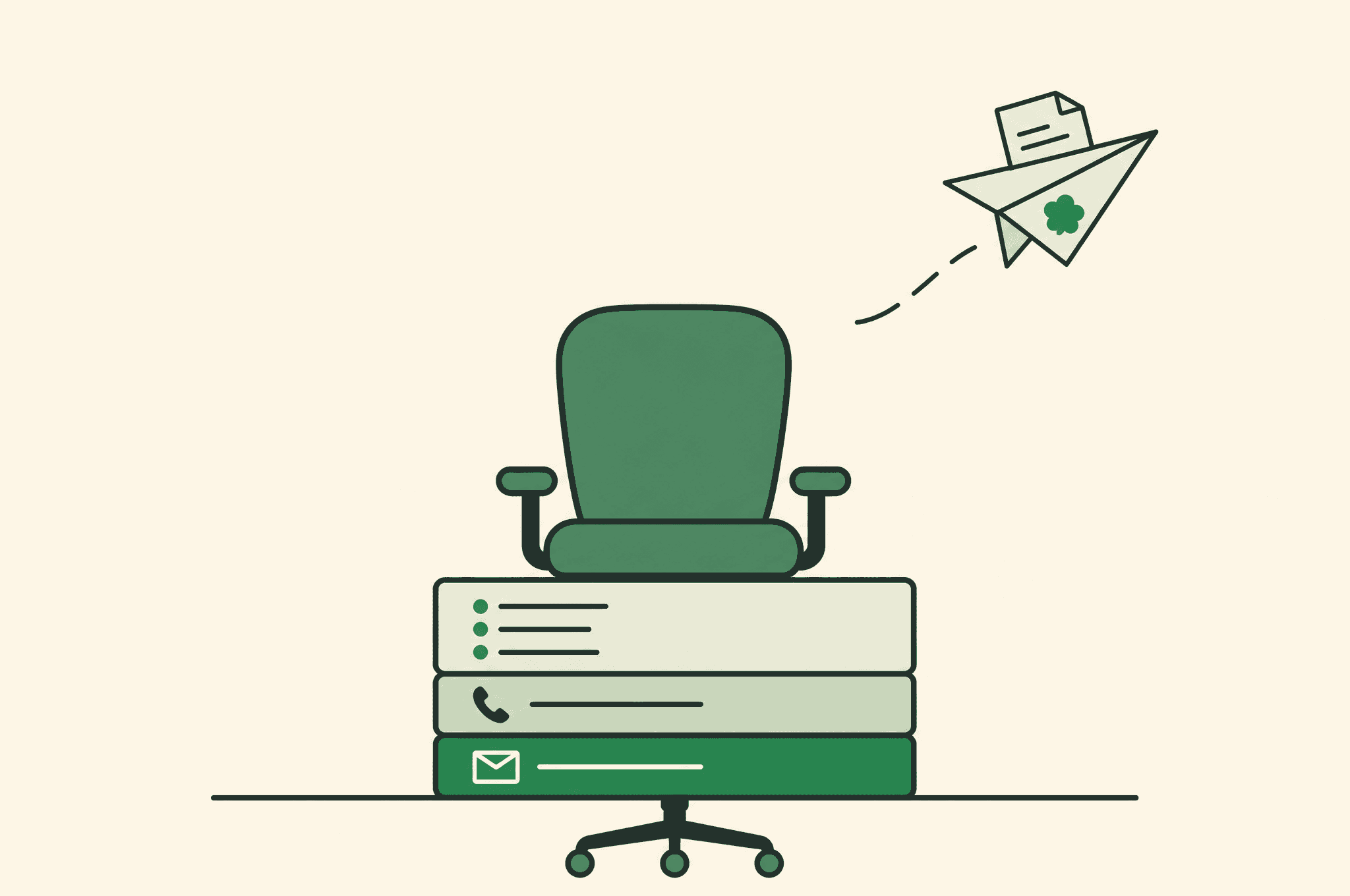 A flat illustration of an empty office chair atop a stack of tool panels (a list, a phone, an envelope), while a paper plane marked with the Revnu clover flies a page out of the frame.