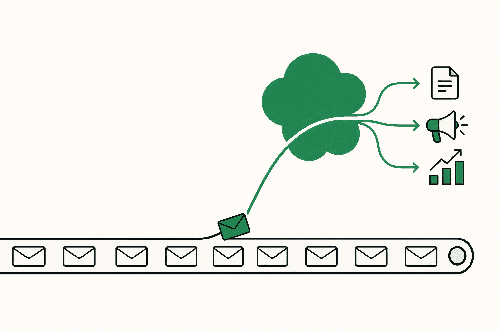 A flat illustration of a conveyor belt of identical envelopes running one direction, with a single envelope lifted out on a curved path through the Revnu clover mark and split into three channel lanes.