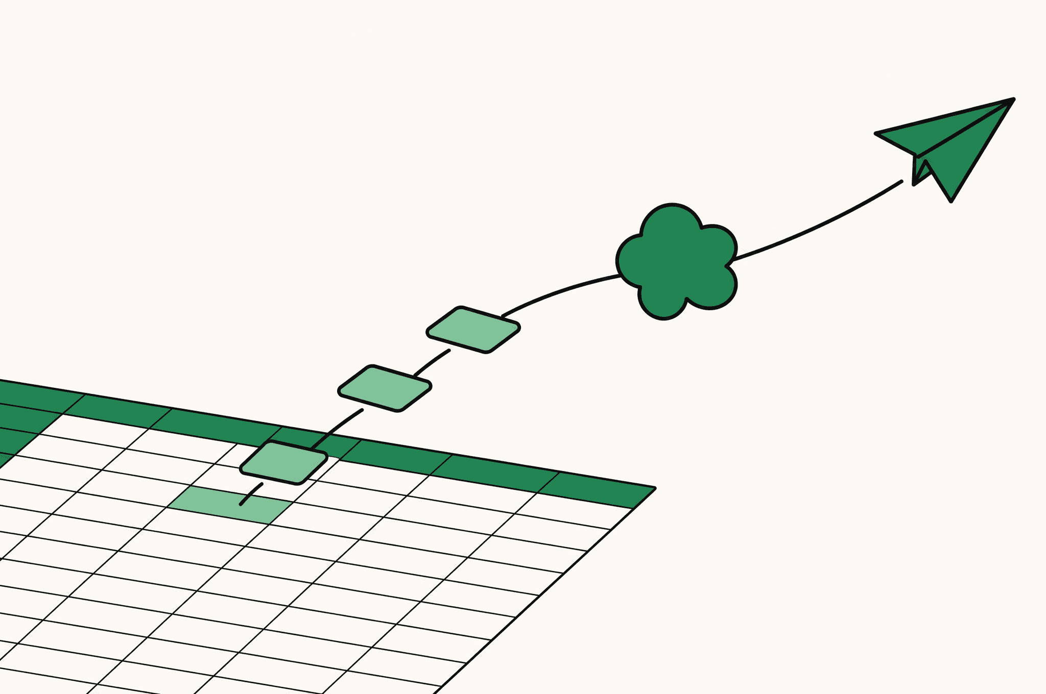 A flat illustration of a tilted spreadsheet grid with three cells lifting off as cards along a curved path through the Revnu clover mark, ending as a paper plane in flight.