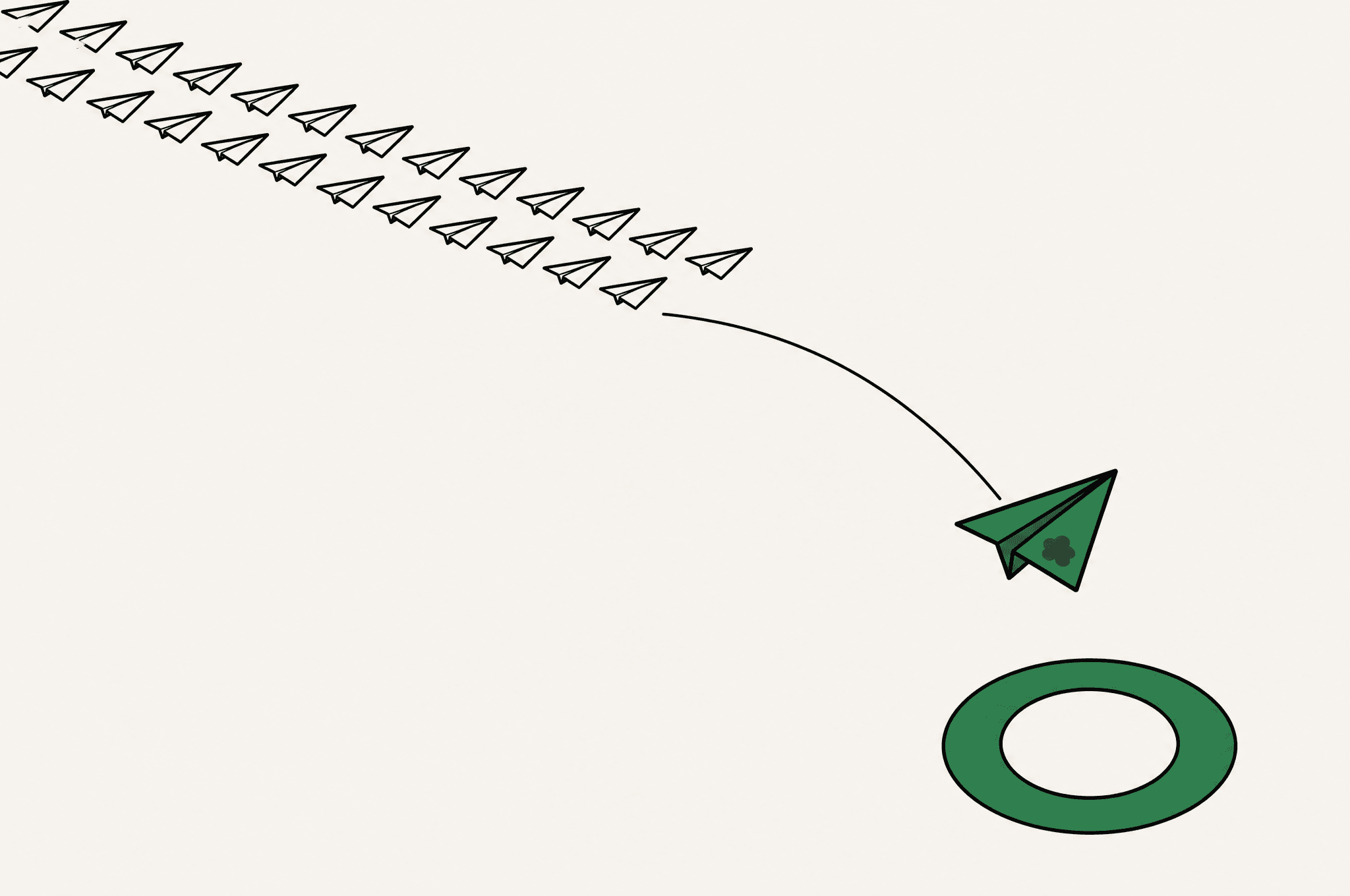 A flat illustration of a rigid formation of identical paper planes flying one direction while a single plane marked with the Revnu clover breaks away on a curved path toward a target ring.