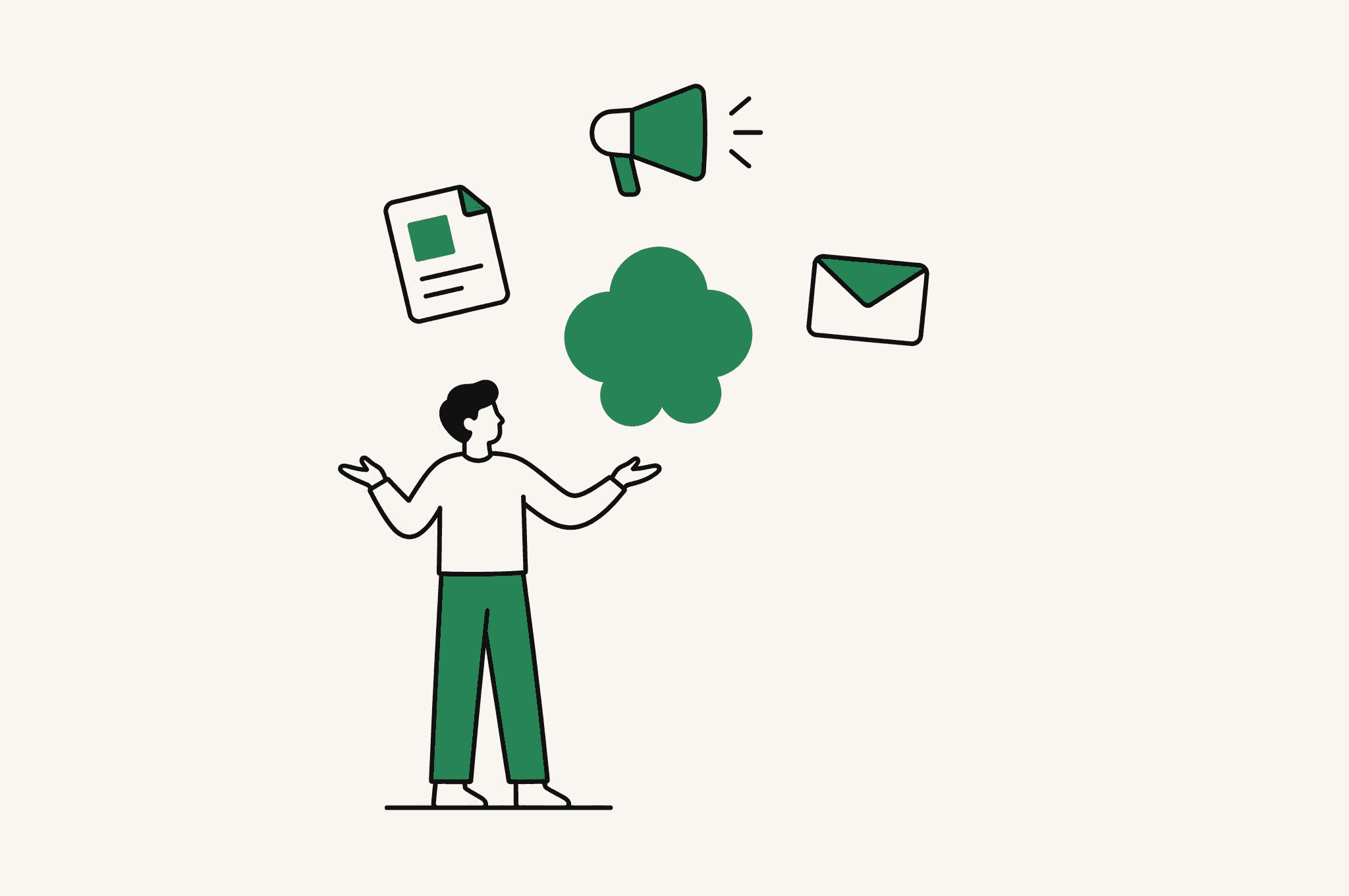 A flat illustration of three channel lanes, SEO, ads, and outreach, meeting at the Revnu clover where one agent drafts each.