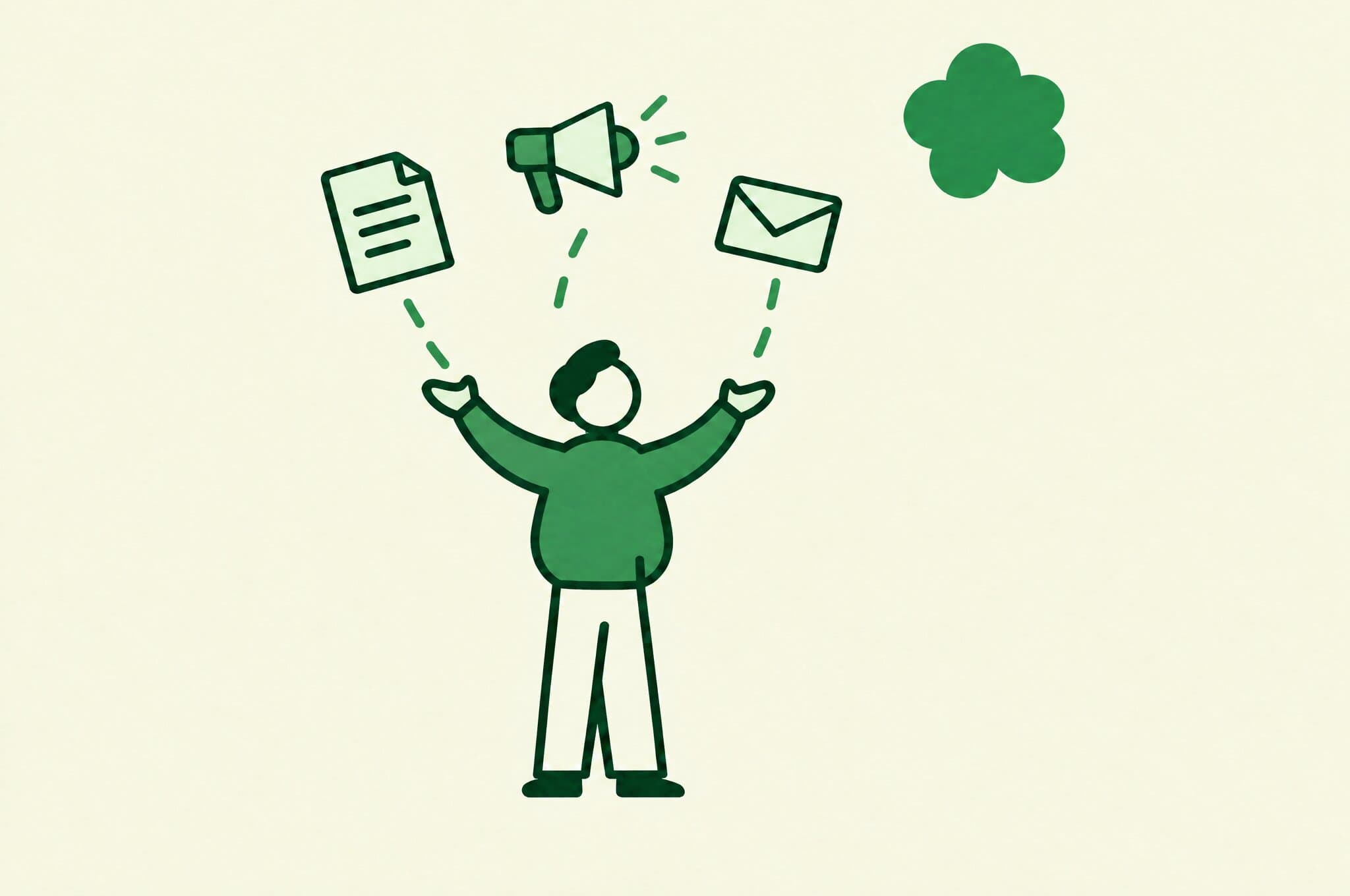 A flat illustration of one person juggling a document, a megaphone and an envelope at the same time.
