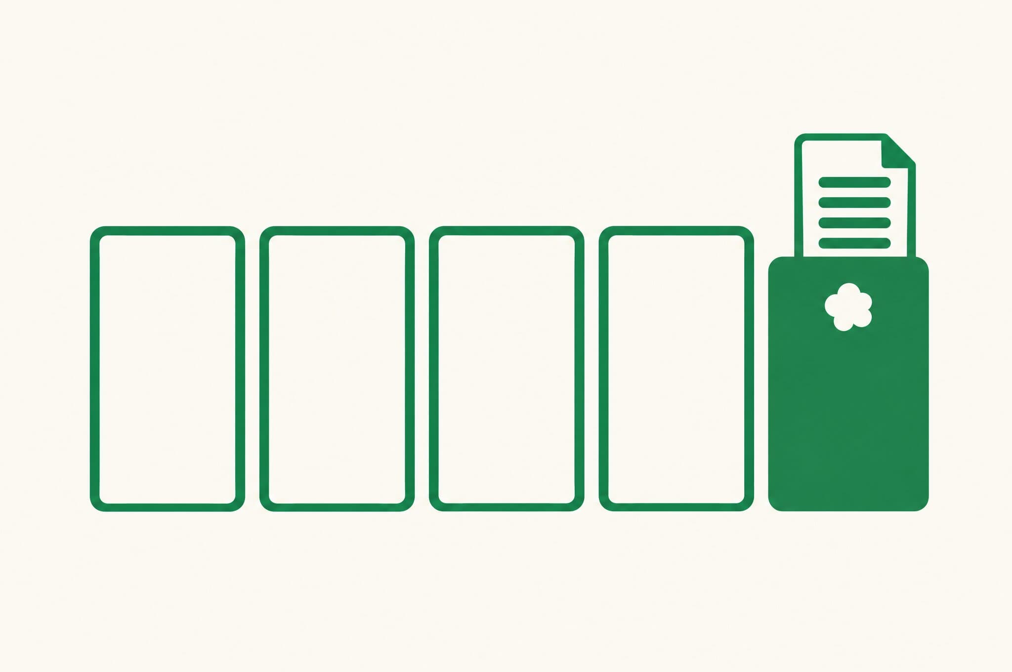 A flat illustration of a row of five tool cards where only the green one, marked with the Revnu clover, produces a finished page.