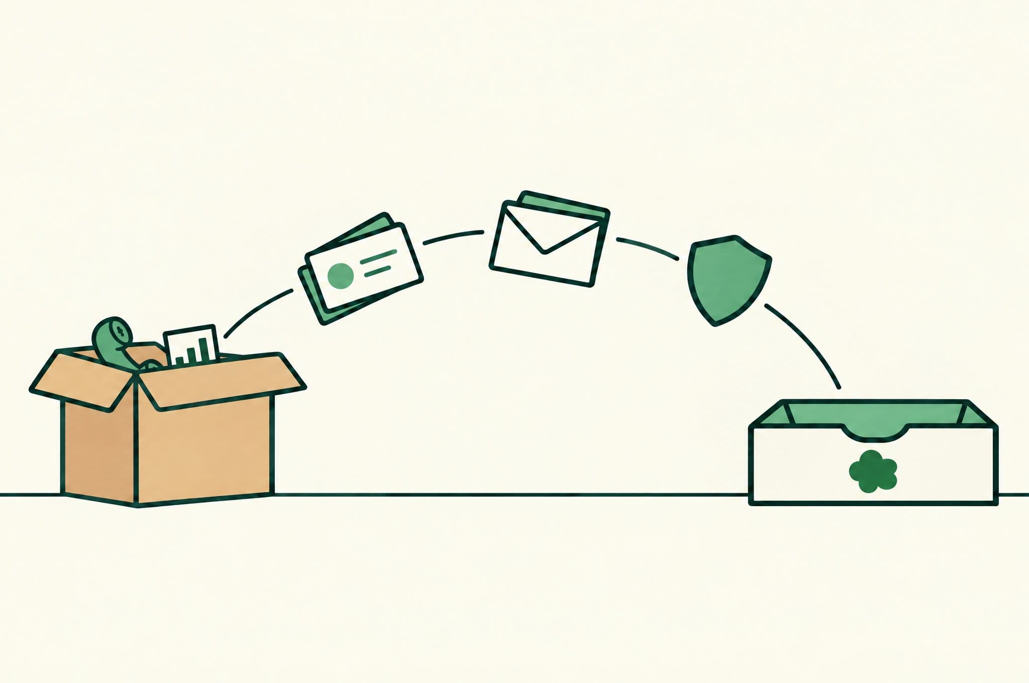 A flat illustration of an open moving box sending contact cards, a letter and a small shield across to a tray marked with the Revnu clover, while an old phone handset and a bar chart stay behind in the box.