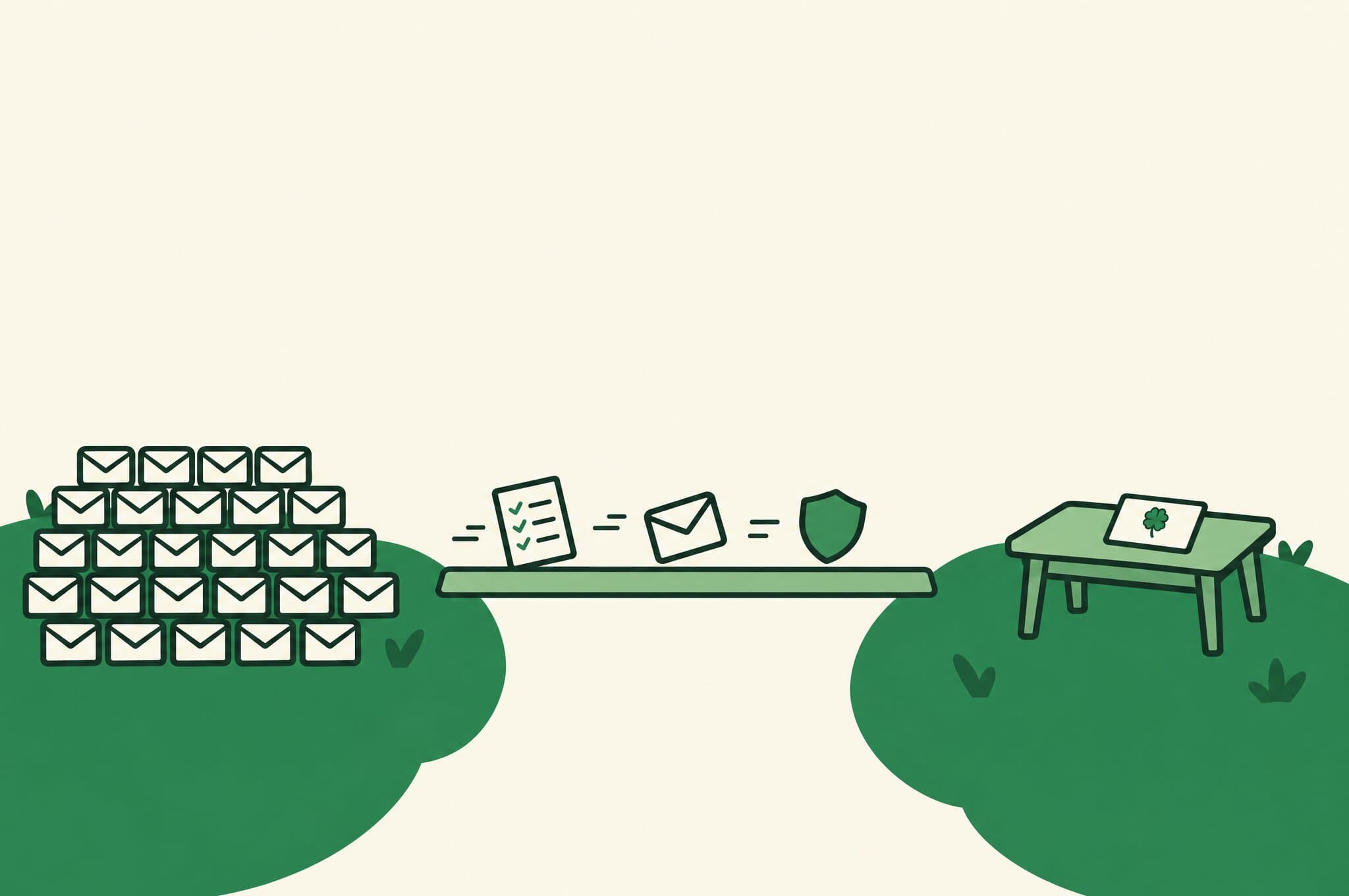 A flat illustration of a list, a letter and a small shield crossing a plank bridge from an island crowded with identical envelopes to a desk with one letter marked with the Revnu clover.