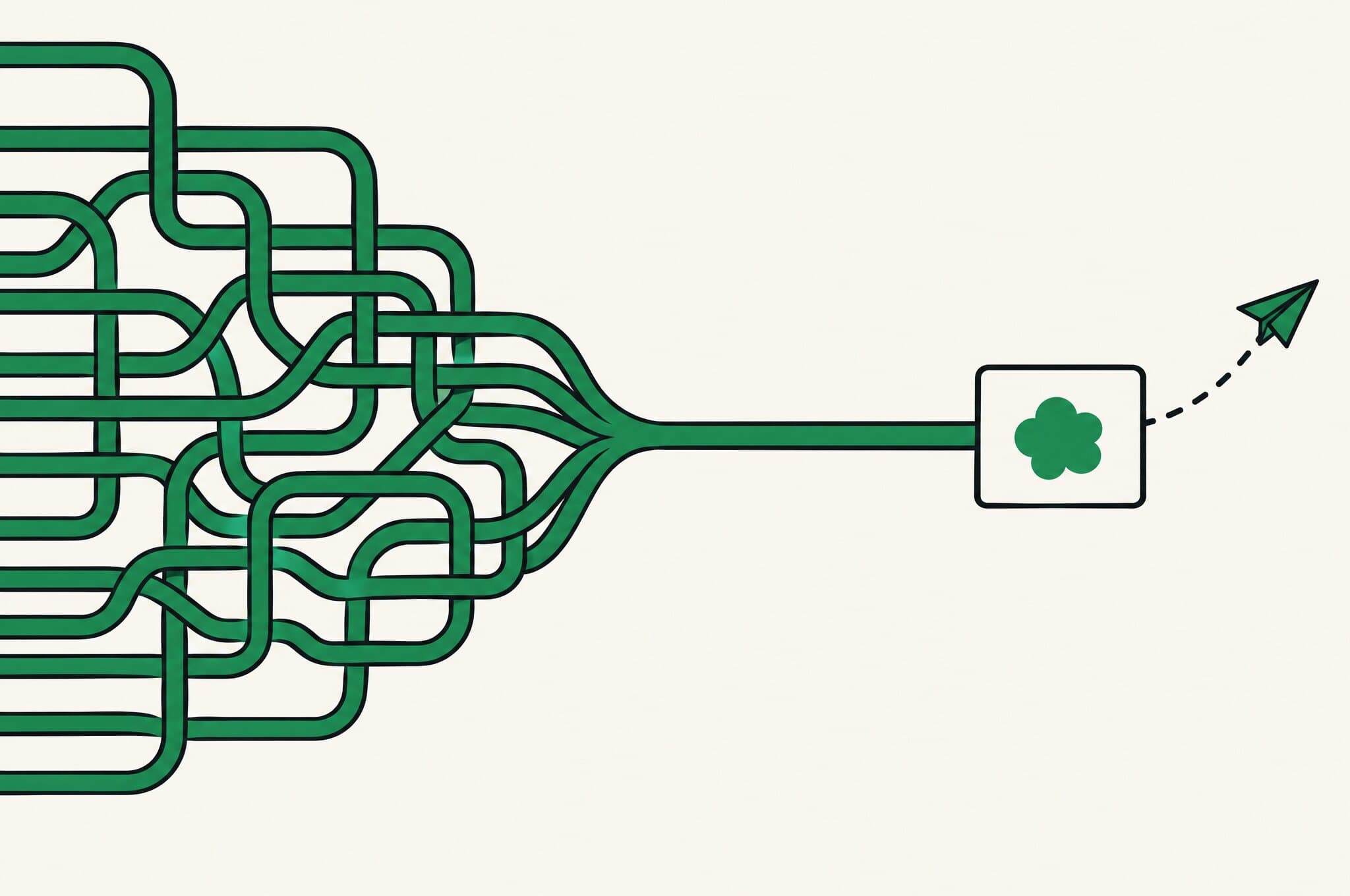 A flat illustration of a tangle of parallel pipes on the left narrowing into one clean pipe that feeds a single card marked with the Revnu clover on the right.