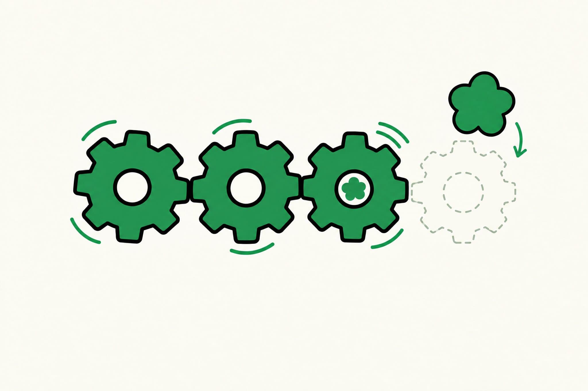 A flat illustration of a row of turning gears with one missing, and the Revnu clover dropping in to complete the machine.