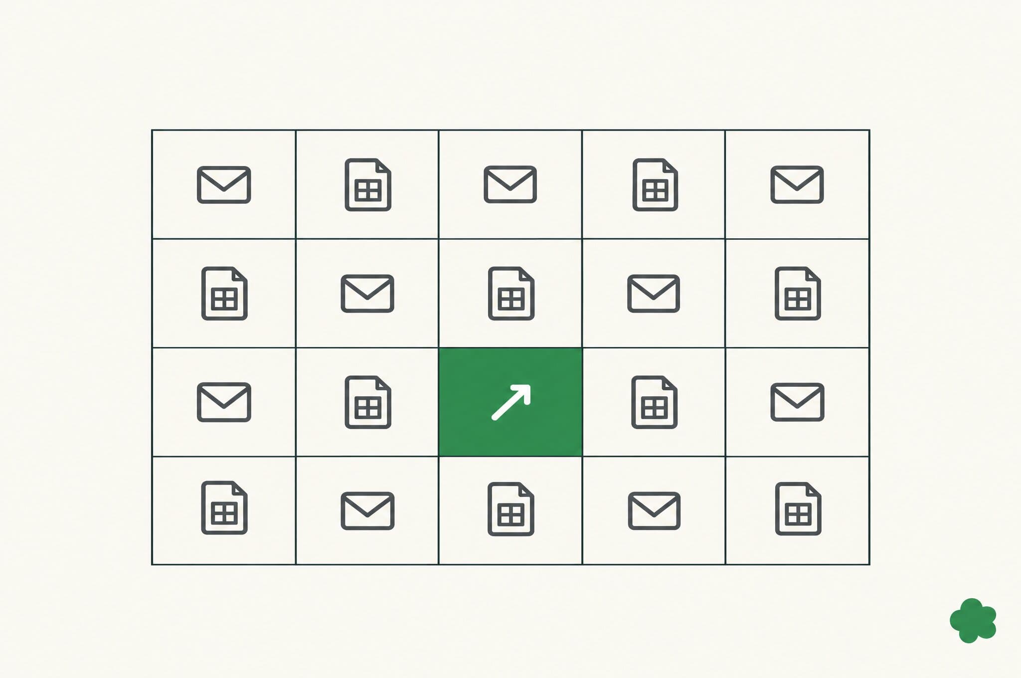 A flat illustration of a week's planner full of repetitive email and spreadsheet tasks, with one green cell holding the work that drives growth.