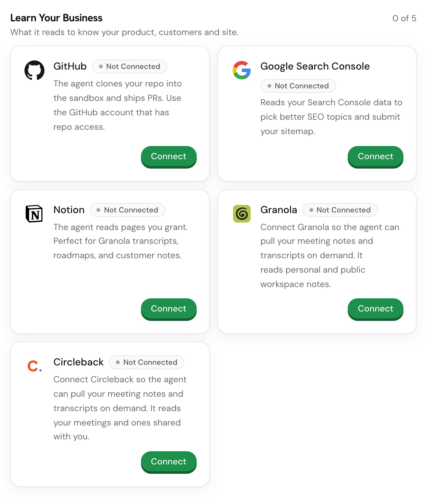 The Learn Your Business section of Connections, with GitHub, Google Search Console, Notion, Granola and Circleback