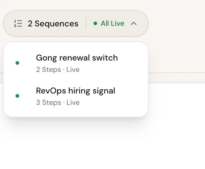 The 2 Sequences pill on the Leads page, open and listing each sequence with its steps and state, and Connect an Inbox at the bottom