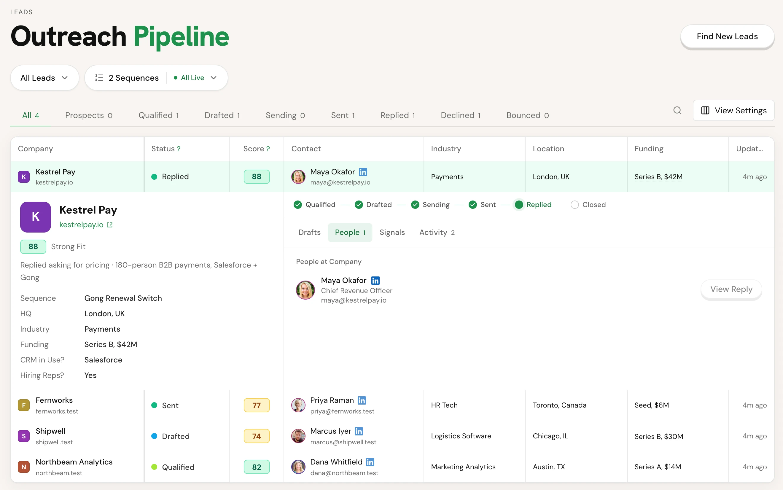 The Leads page. View Settings is at the right, above the table