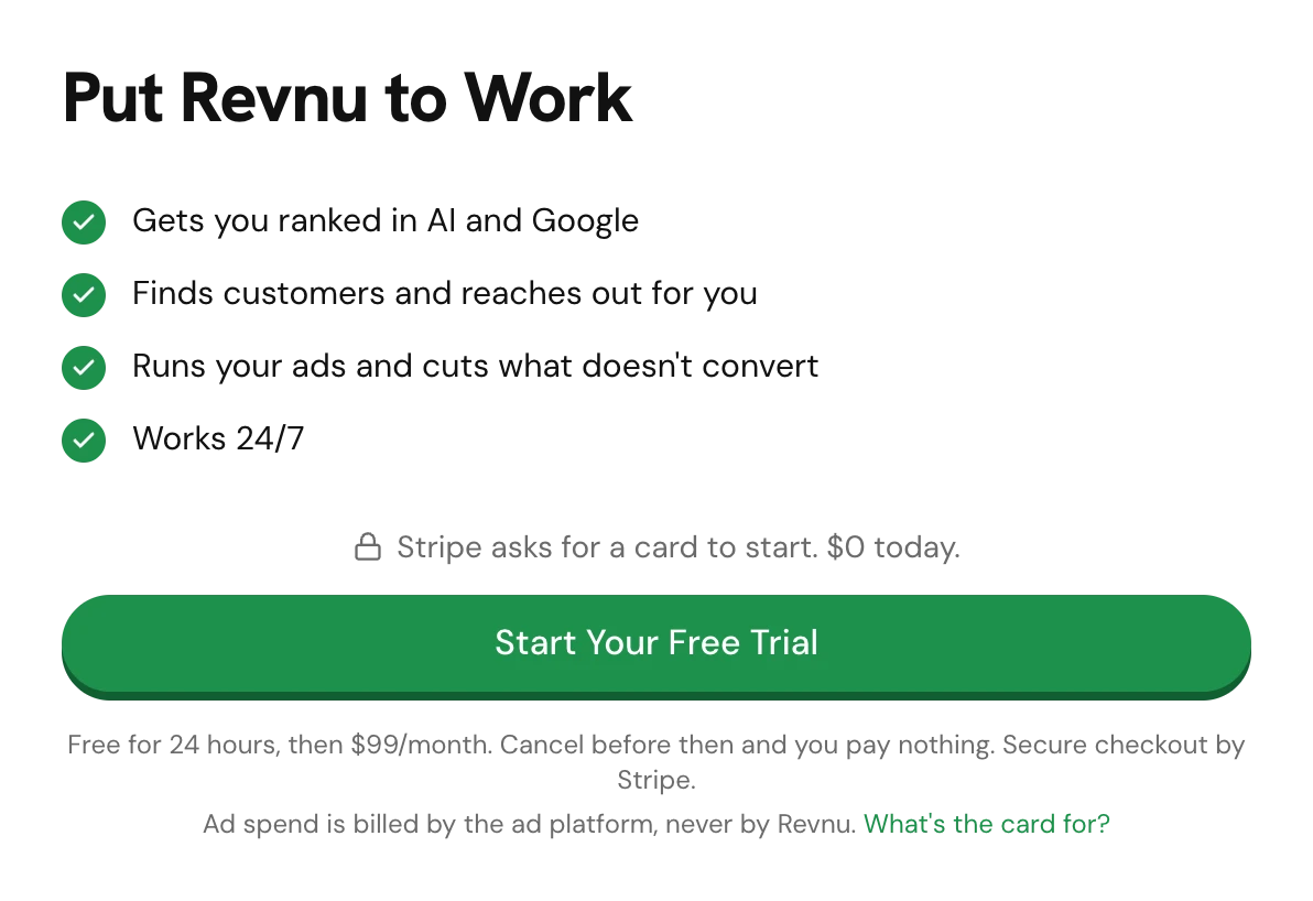 The Put Revnu to Work screen with the Start Your Free Trial button