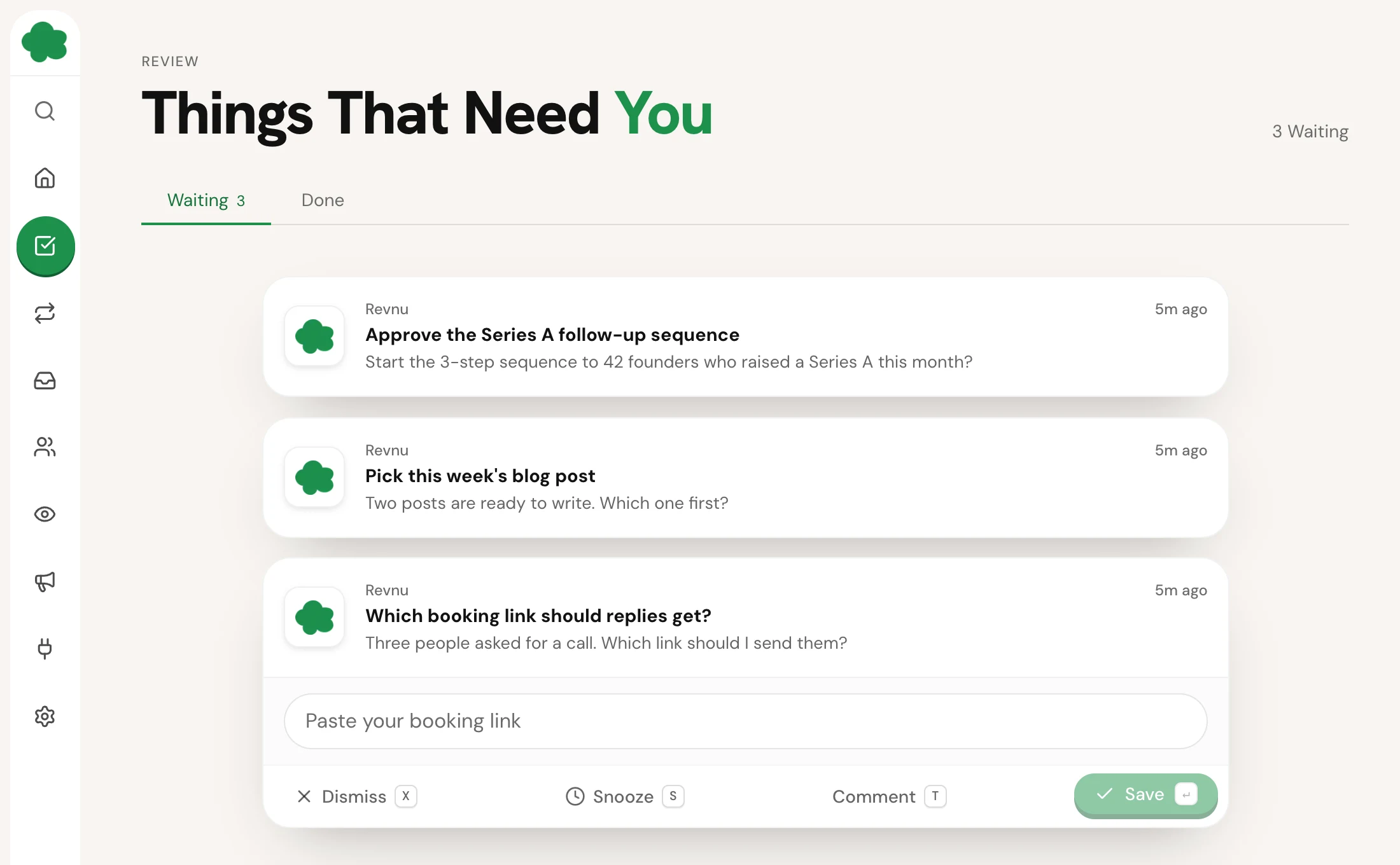 A question card, Which booking link should replies get?, open in Review with a box to paste a booking link and Send Answer on the right