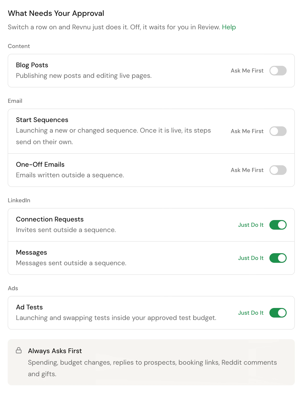 Settings > Agent, What Needs Your Approval. Blog Posts is the first row, with its Ask Me First switch on the right