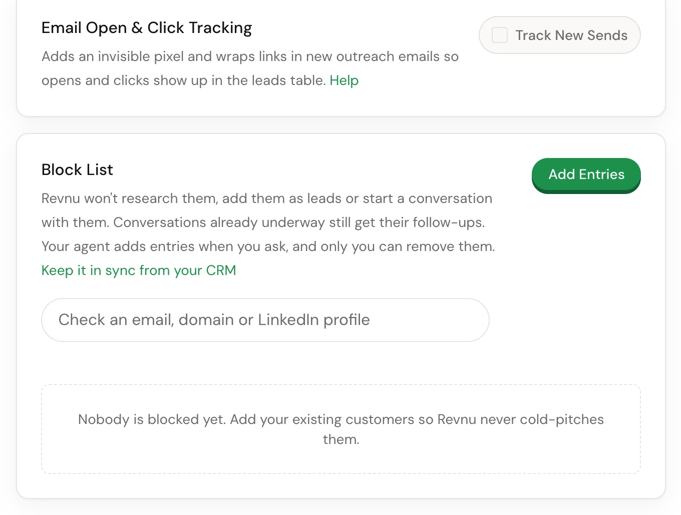 Settings, Agent tab: the Block List with Add Entries at the right and the check box below the description