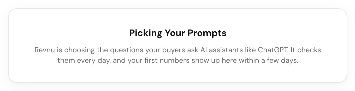 The Visibility Overview page with the Core 4 platform picker at the top right. This account is new, so the page says Picking Your Prompts