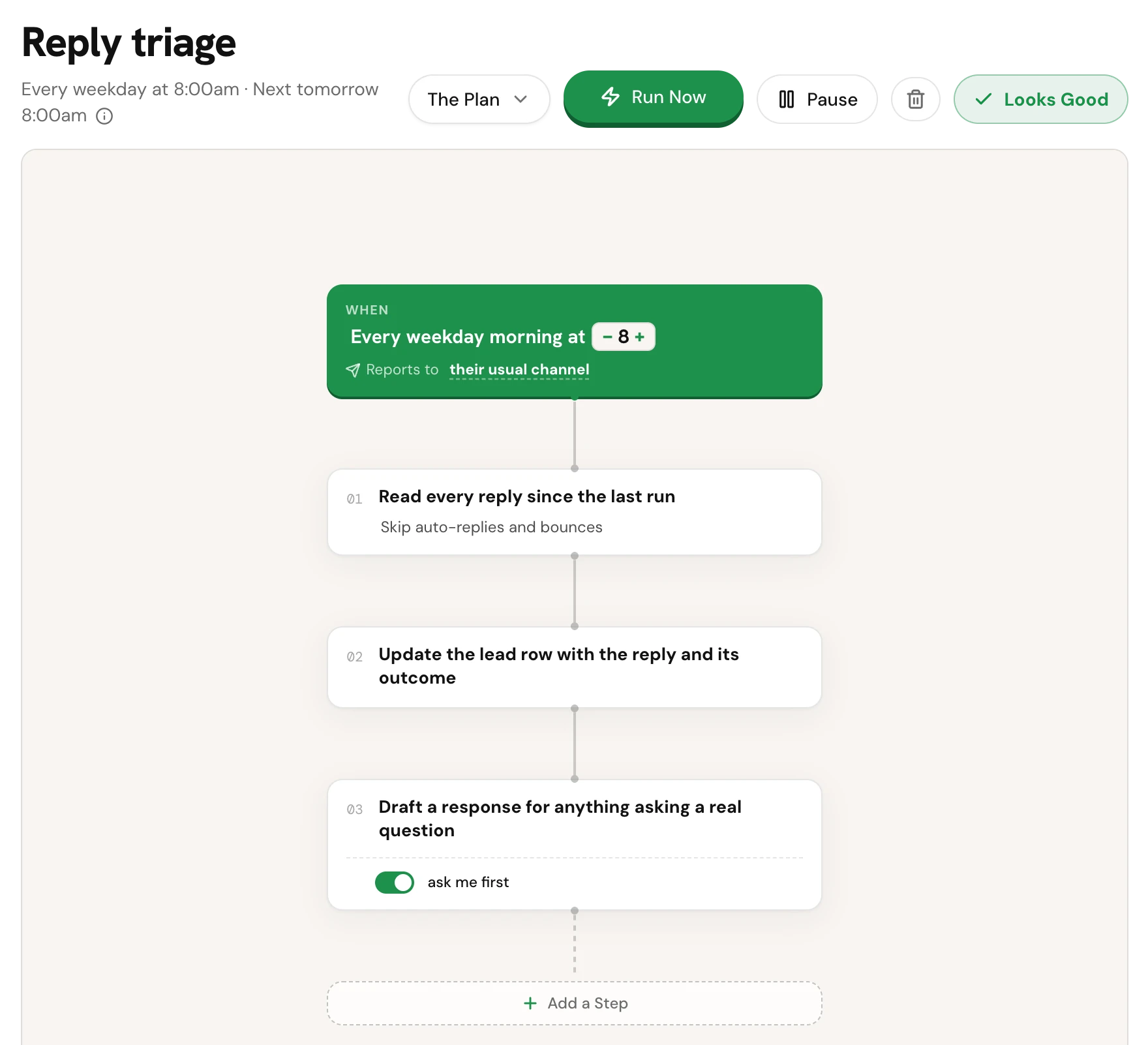 A workflow open on the Workflows page, with its schedule, its steps, and the Run Now and Pause buttons